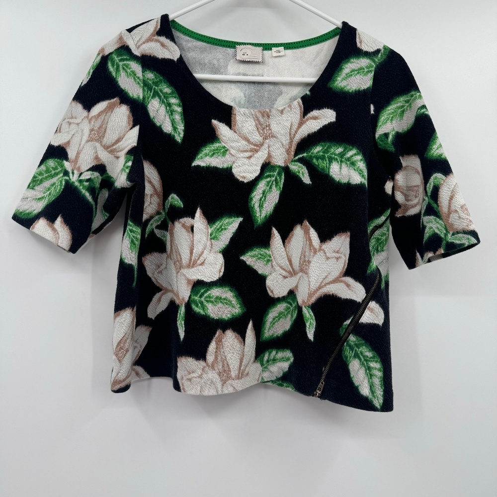 Anthropologie 9-HI5 STCL Top Women Medium Black Floral Cottagecore Cropped